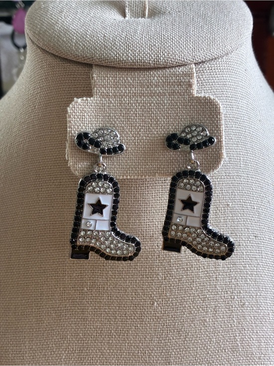 Jewelry - Black & White Rhinestone Cowboy Boot Dangle Earrings